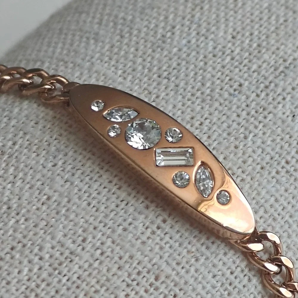 Rose Gold Tone Crystal Curb Chain Bracelet Inlaid Curved Bar Adjustable Clasp